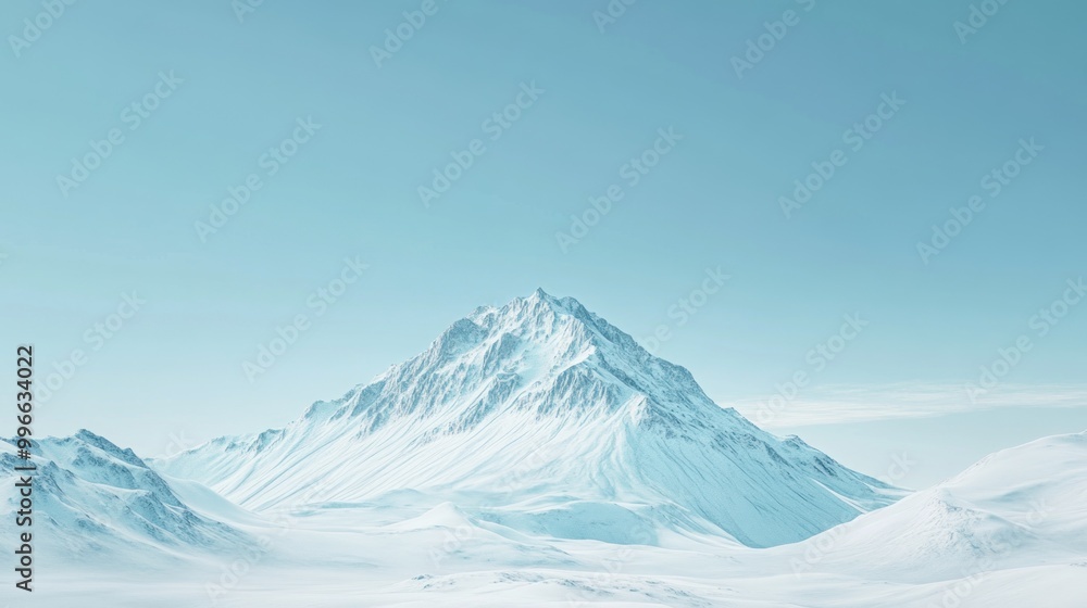 A snowy mountain peak rises against a clear blue sky in a winter wonderland landscape. A snowy mountain peak rises against a clear blue sky in a winter wonderland landscape.