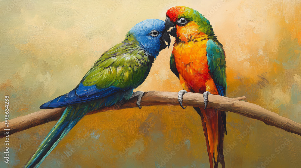 Obraz premium Depict a pair of parrots together, showcasing their social nature and how their colors complement each other. Show them in a romantic or playful pose to highlight their bonding behavior.