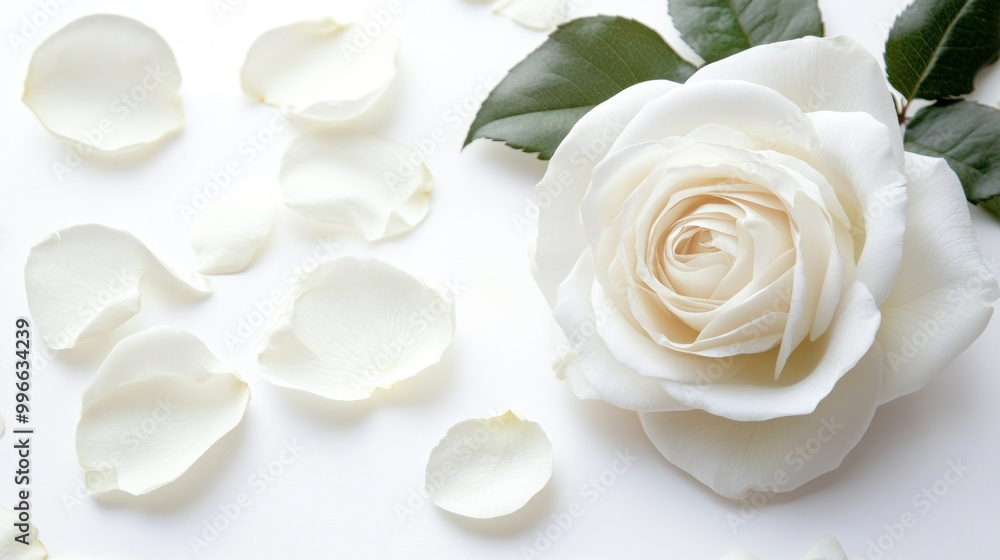 A single white rose with petals scattered around it on a white background. A single white rose with petals scattered around it on a white background.