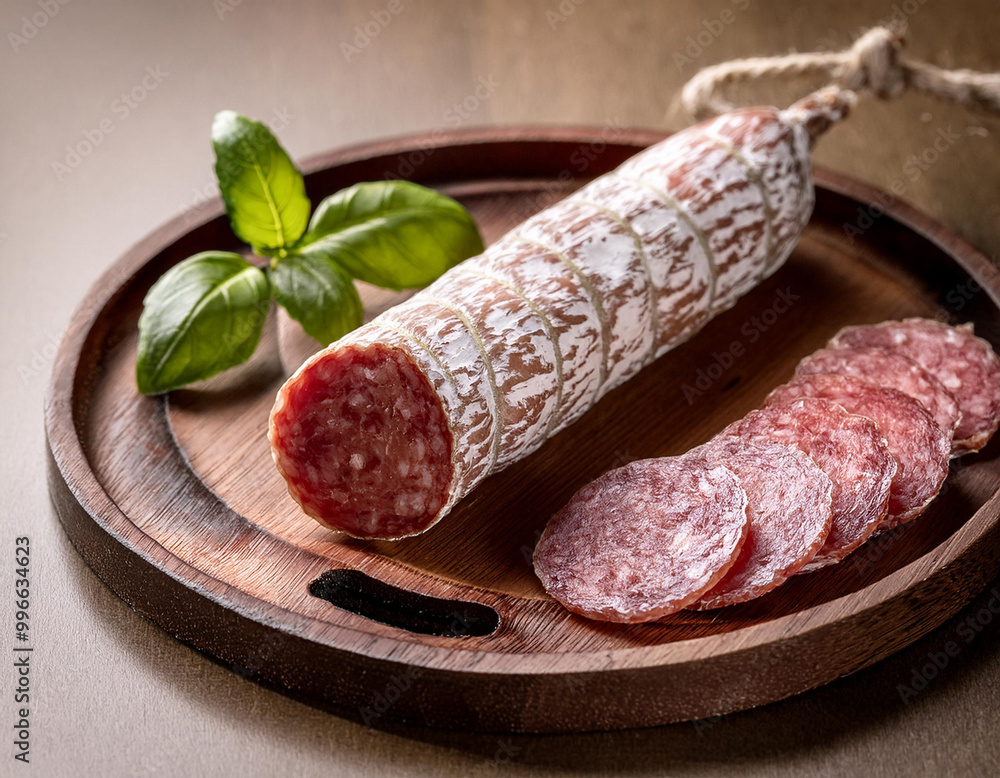 Salami on a wooden tray. fermented and air-dried meat. Salami on a wooden tray. fermented and air-dried meat.
