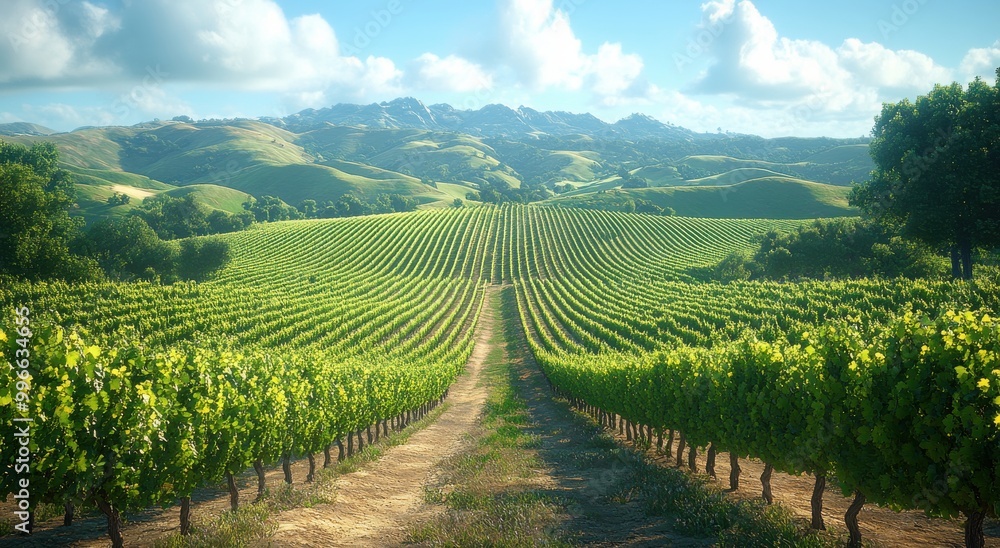 Vineyard landscape with lush grapevines and scenic mountains under a bright sky Vineyard landscape with lush grapevines and scenic mountains under a bright sky