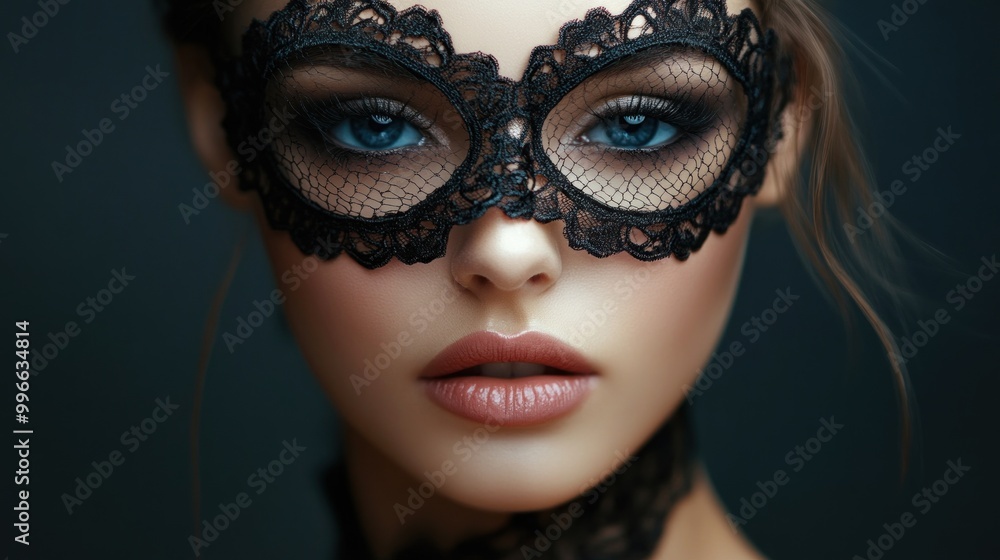 Closeup of a woman wearing a black lace mask, looking mysterious and alluring. Closeup of a woman wearing a black lace mask, looking mysterious and alluring.