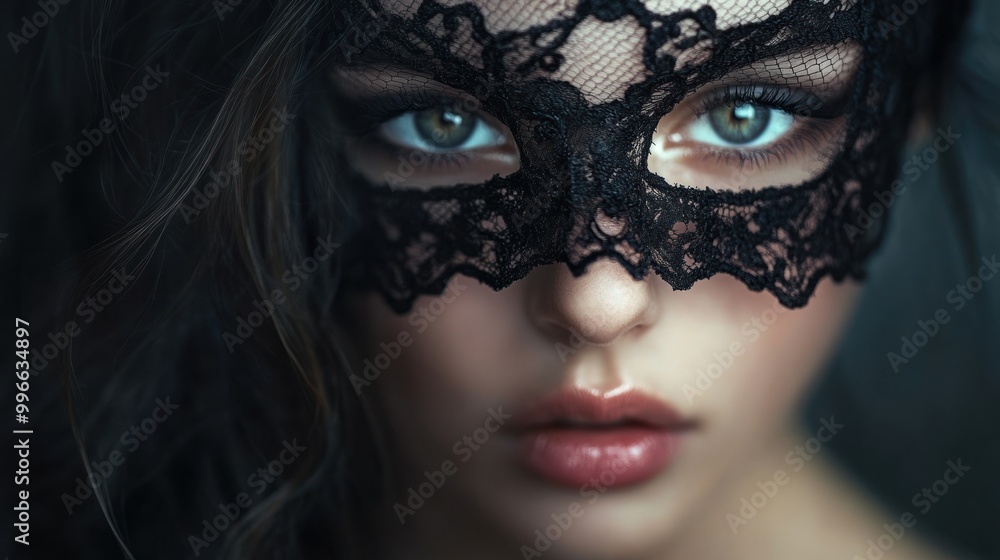 Close up of a woman's face with a black lace mask covering her eyes. Close up of a woman's face with a black lace mask covering her eyes.