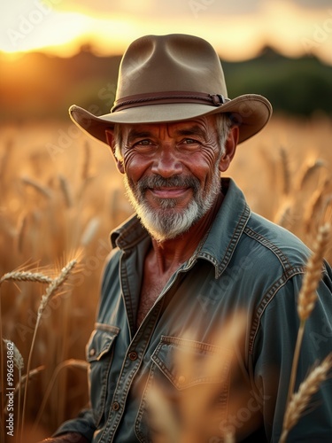 A middle-aged man wearing a broad-brimmed hat standing in a golden wheat field during sunset, symbolizing hard work, connection to nature, and peaceful reflection at the end of the day.