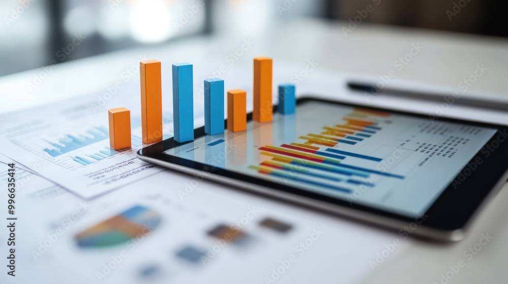 A tablet displaying colorful graphs and charts alongside printed reports on a table.