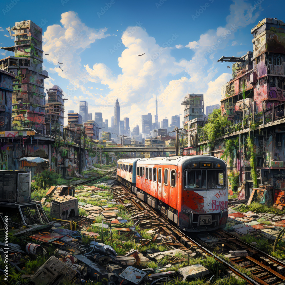 Fototapeta premium A detailed post-apocalyptic scene featuring an abandoned train on overgrown tracks, surrounded by decaying buildings and a distant city skyline