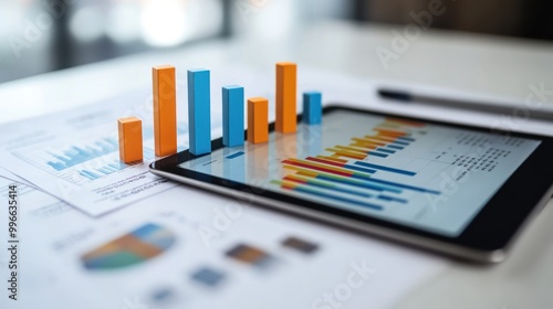 Obraz na płótnie A tablet displaying colorful graphs and charts alongside printed reports on a table. w salonie