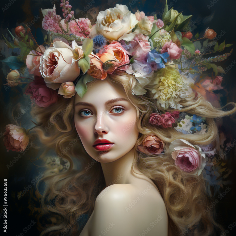A portrait of a woman with flowing blonde hair, adorned with a crown of vibrant flowers, creating a dreamy and ethereal atmosphere A portrait of a woman with flowing blonde hair, adorned with a crown of vibrant flowers, creating a dreamy and ethereal atmosphere
