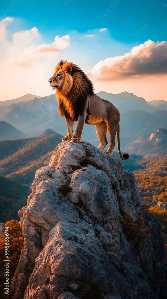 Isolated Lion on Top of Mountain Ridge, Photo Realistic, Pattern Background, Wallpaper, Cover and Screen for Smartphone, PC, Laptop, 9:16 and 16:9 Format Isolated Lion on Top of Mountain Ridge, Photo Realistic, Pattern Background, Wallpaper, Cover and Screen for Smartphone, PC, Laptop, 9:16 and 16:9 Format