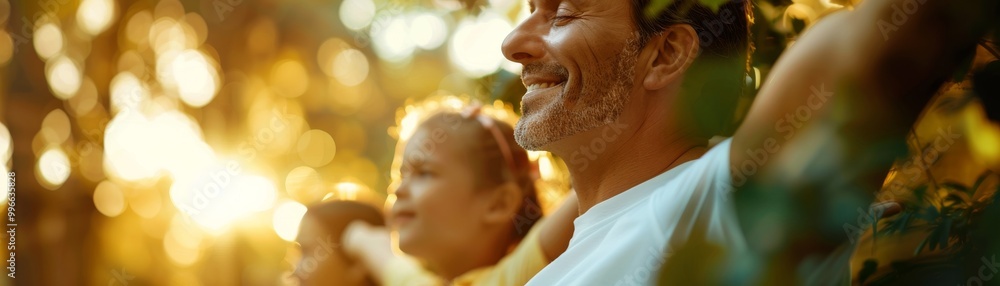 Fototapeta premium A smiling father and child enjoying a sunny day outdoors, surrounded by lush greenery and golden sunlight.