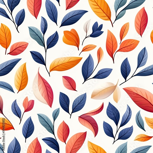 Colorful leaves pattern with vibrant hues, ideal for backgrounds, textiles, or nature-inspired designs.