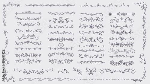 Cute hand-drawn floral text dividers, corners and borders. 52 doodle text dividers, isolated on white background. Vector illustration.
