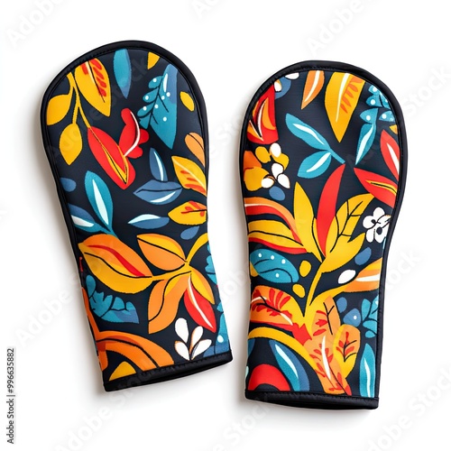 Colorful oven mitts with a vibrant leaf pattern, perfect for adding style to your kitchen while protecting hands from heat. photo