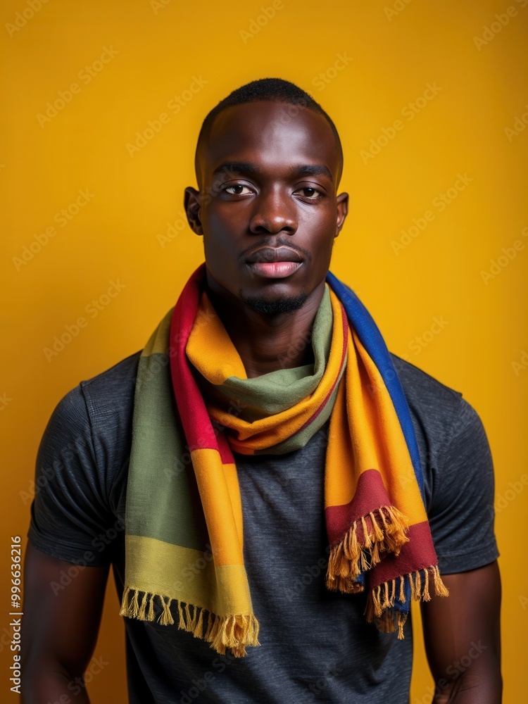 Against a striking yellow background, a young man stands confidently, showcasing a colorful scarf draped around his neck. His expression is serious, highlighting his strong features and the bold hues Against a striking yellow background, a young man stands confidently, showcasing a colorful scarf draped around his neck. His expression is serious, highlighting his strong features and the bold hues