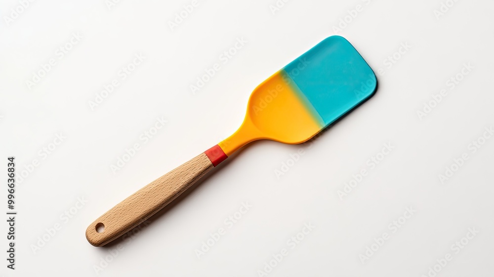 Colorful silicone spatula with a wooden handle, perfect for cooking and baking in any kitchen. Colorful silicone spatula with a wooden handle, perfect for cooking and baking in any kitchen.