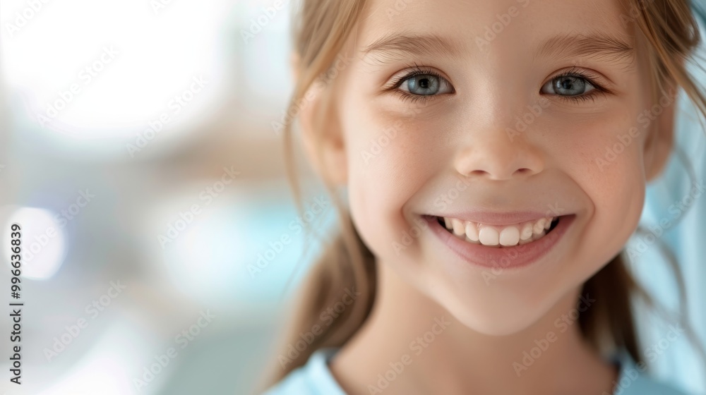 Close-up of a joyful young girl with a bright smile and blue eyes, radiating happiness and innocence in a soft, blurred background. Close-up of a joyful young girl with a bright smile and blue eyes, radiating happiness and innocence in a soft, blurred background.