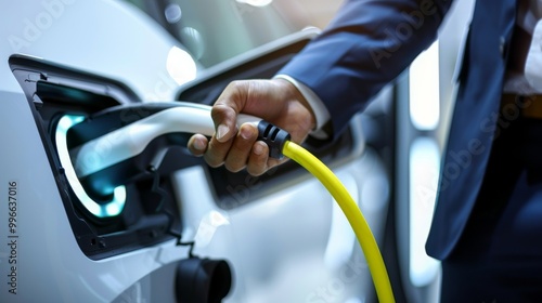 Close-up of a person plugging in an electric vehicle charger, emphasizing clean energy and sustainable transportation solutions.