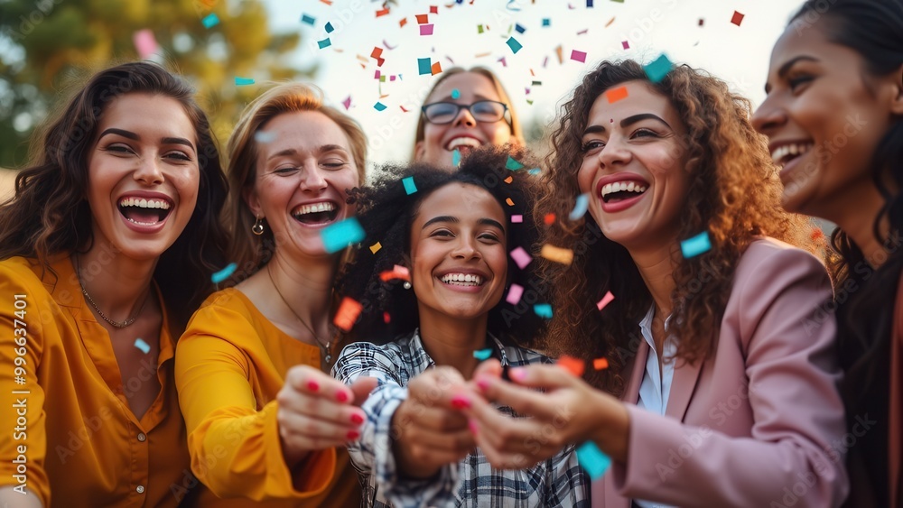 A group of joyful women is enjoying a lively outdoor gathering, laughing and cheering as colorful confetti falls around them A group of joyful women is enjoying a lively outdoor gathering, laughing and cheering as colorful confetti falls around them