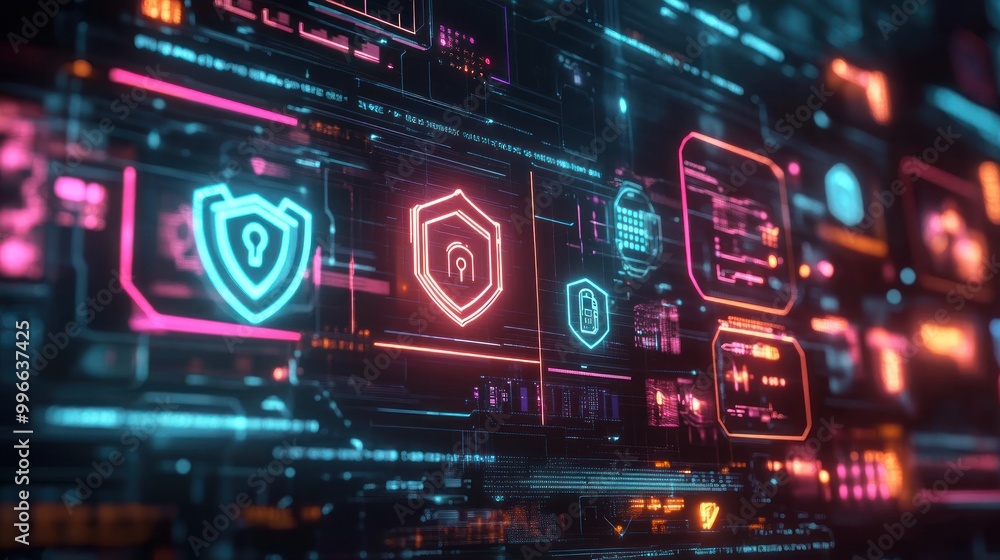Digital interface showcasing cybersecurity elements with glowing shields and data patterns. Digital interface showcasing cybersecurity elements with glowing shields and data patterns.