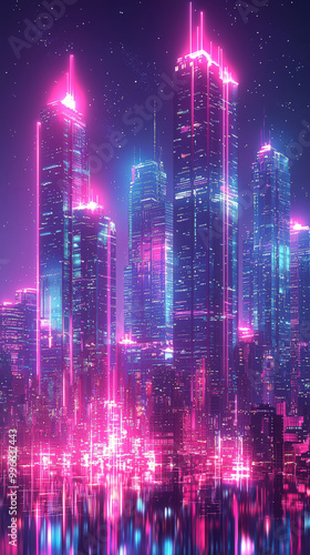 A vibrant cityscape featuring glowing skyscrapers illuminated by neon lights, creating futuristic atmosphere. reflection on water adds to enchanting night scene