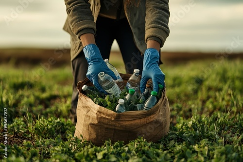 Environmental Responsibility Close-Up of Blue Gloved Hands Sorting Plastic Bottles in Natural Setting, Eco-Friendly Action Concept