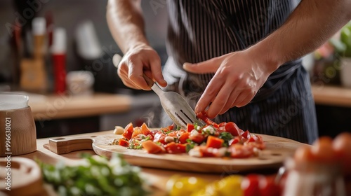 chef preparing fresh vegetable salad with tomatoes and greens on wooden table in kitchen