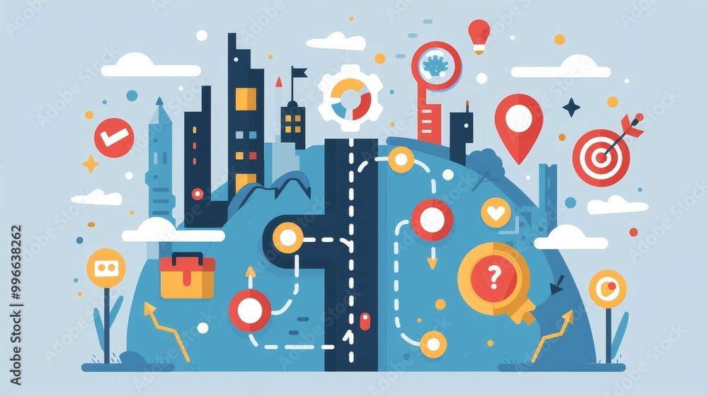 Colorful illustration of business concept with cityscape, road, and various icons representing planning, strategy, and achievement. Colorful illustration of business concept with cityscape, road, and various icons representing planning, strategy, and achievement.