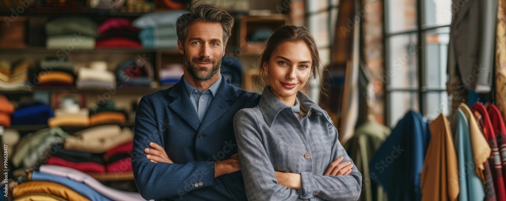 Fototapeta premium Confident business partners standing in clothing store with folded arms, surrounded by diverse apparel, showcasing teamwork and entrepreneurship.