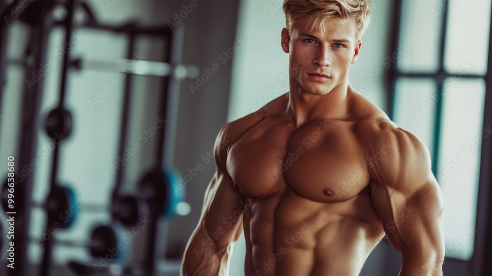 Shirtless man with a muscular physique stands in a gym, looking intensely at the camera. Shirtless man with a muscular physique stands in a gym, looking intensely at the camera.