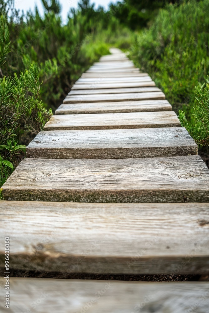 wooden boardwalk leading into a forest