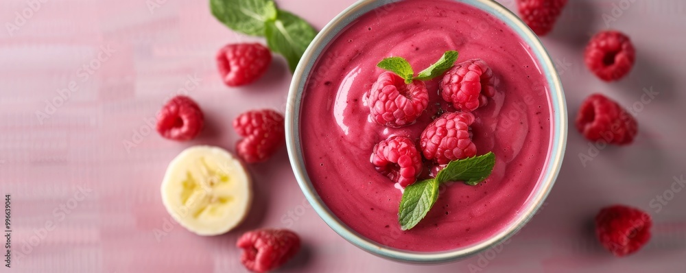 Delicious raspberry smoothie bowl with fresh mint leaves, surrounded by raspberries and banana slices on a pink wooden surface. Delicious raspberry smoothie bowl with fresh mint leaves, surrounded by raspberries and banana slices on a pink wooden surface.
