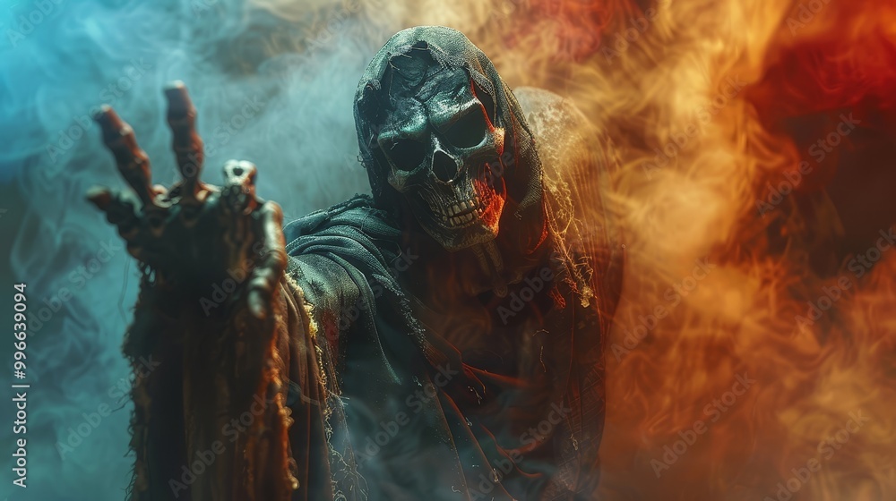 Dramatic, eerie figure dressed as grim reaper reaching out through colorful smoke on dark background. Ideal for horror, fantasy themes. Dramatic, eerie figure dressed as grim reaper reaching out through colorful smoke on dark background. Ideal for horror, fantasy themes.