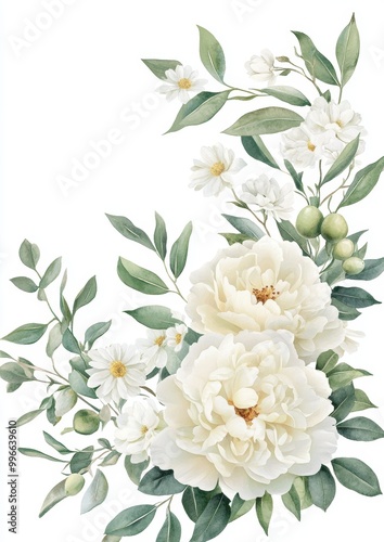 For wedding stationary, greetings, wallpapers, fashion, backgrounds, watercolor floral frame border with white flowers, rose and peony. Eucalyptus and olive leaves.