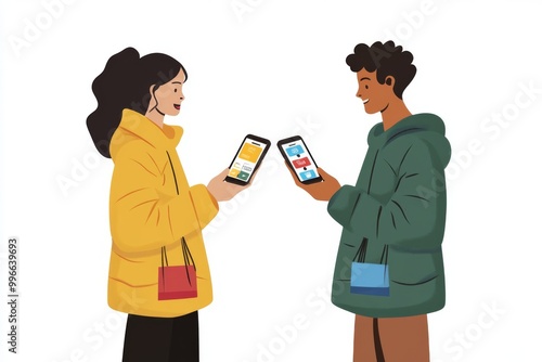 two people holding smartphones with the same shopping app open, connecting people through online shopping illustration