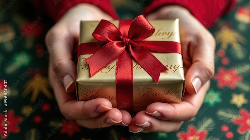 A pair of hands gently cradles an elegantly wrapped gift adorned with a red ribbon. The background features a cheerful, festive pattern, adding to the excitement of giving during a holiday celebration A pair of hands gently cradles an elegantly wrapped gift adorned with a red ribbon. The background features a cheerful, festive pattern, adding to the excitement of giving during a holiday celebration