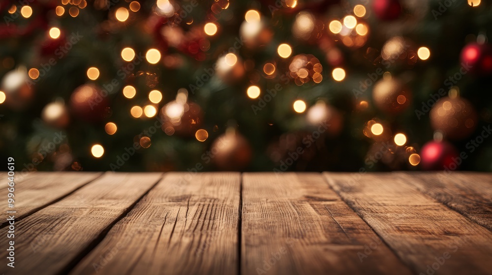 The wooden table sits empty, inviting creativity, while a beautifully decorated Christmas tree with twinkling lights creates a warm, festive atmosphere in the background The wooden table sits empty, inviting creativity, while a beautifully decorated Christmas tree with twinkling lights creates a warm, festive atmosphere in the background
