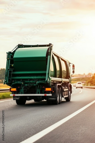 Serene Green Garbage Truck on Highway at Golden Hour