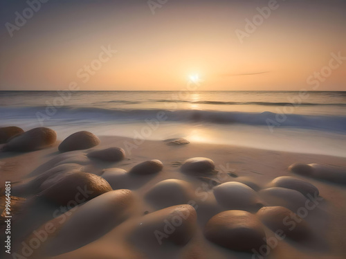  A picturesque beach at sunset, with palm trees framing the scene and golden sand illuminated by the fading sun. generated ai