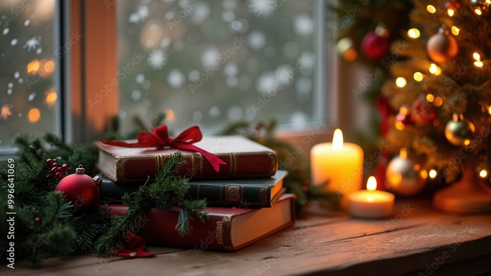 A cozy scene featuring a stack of books, lit candles, and a Christmas tree laden with ornaments by a snowy window, evoking warmth and holiday cheer in a peaceful environment. A cozy scene featuring a stack of books, lit candles, and a Christmas tree laden with ornaments by a snowy window, evoking warmth and holiday cheer in a peaceful environment.