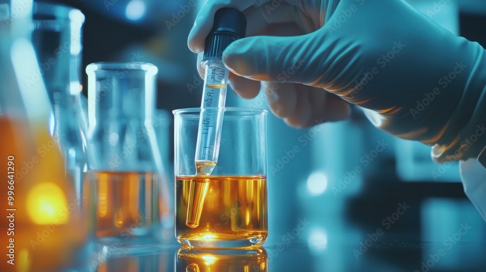A scientist using a pipette to transfer liquid into a beaker in a laboratory setting. A scientist using a pipette to transfer liquid into a beaker in a laboratory setting.