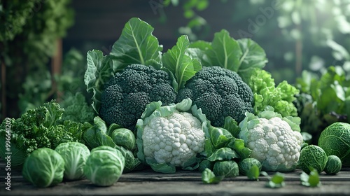 Fresh Broccoli, Cauliflower, and Brussels Sprouts on Rustic Table