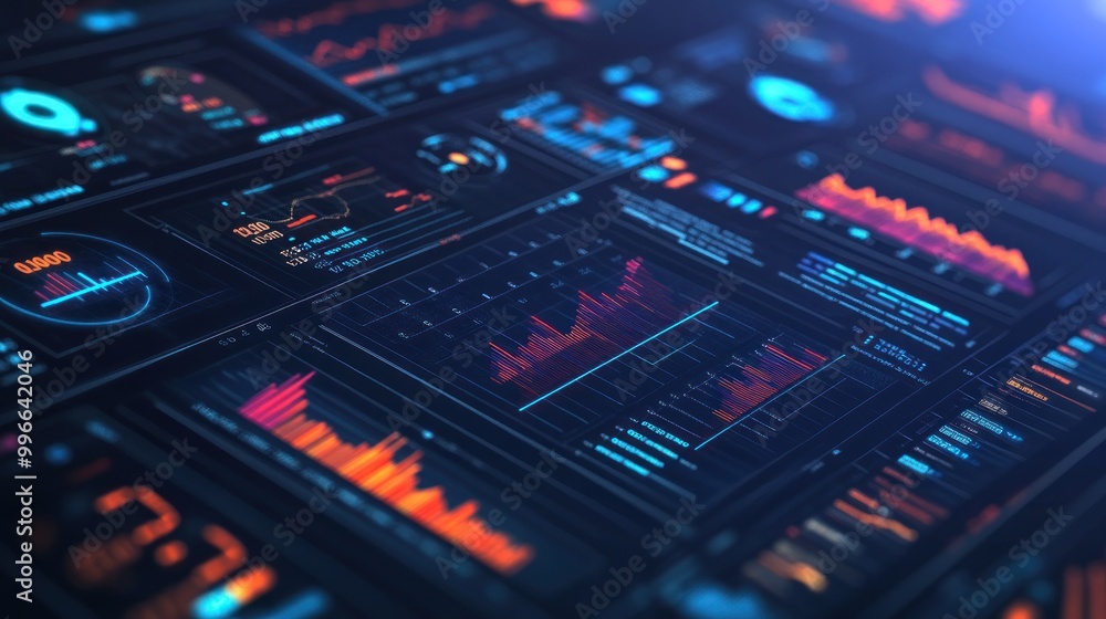 A digital dashboard displaying various data visualizations and analytics. A digital dashboard displaying various data visualizations and analytics.