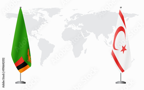Zambia and Turkish Republic of Northern Cyprus flags for official meeting against background of world map.