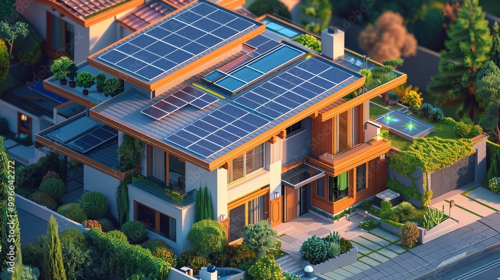 Modern eco-friendly house with solar panels, surrounded by greenery, showcasing sustainable living and renewable energy.