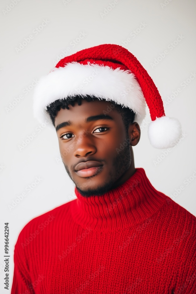 young black man, red turtleneck sweater, santas hat, white background young black man, red turtleneck sweater, santas hat, white background