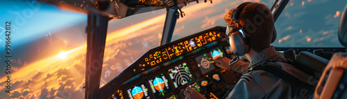 Pilot navigates commercial airplane cockpit at sunset, overlooking the clouds, focused on illuminated control panels. photo