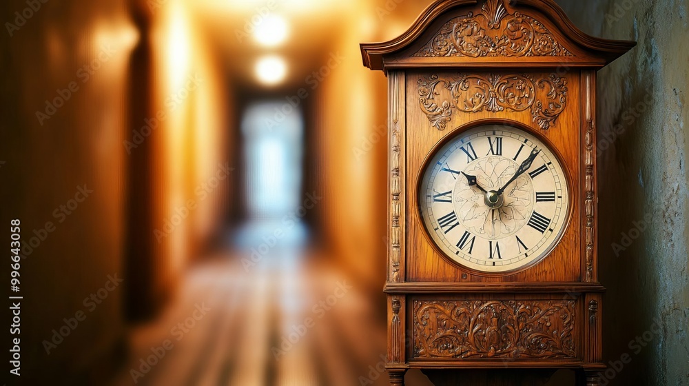 Antique wooden grandfather clock with intricate carvings, standing in a dimly lit hallway with creaky floorboards