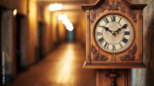 Antique wooden grandfather clock with intricate carvings, standing in a dimly lit hallway with creaky floorboards