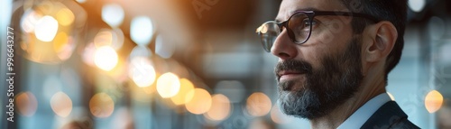 Portrait of a confident businessman wearing glasses, focusing on future goals. Modern office background with warm lighting.