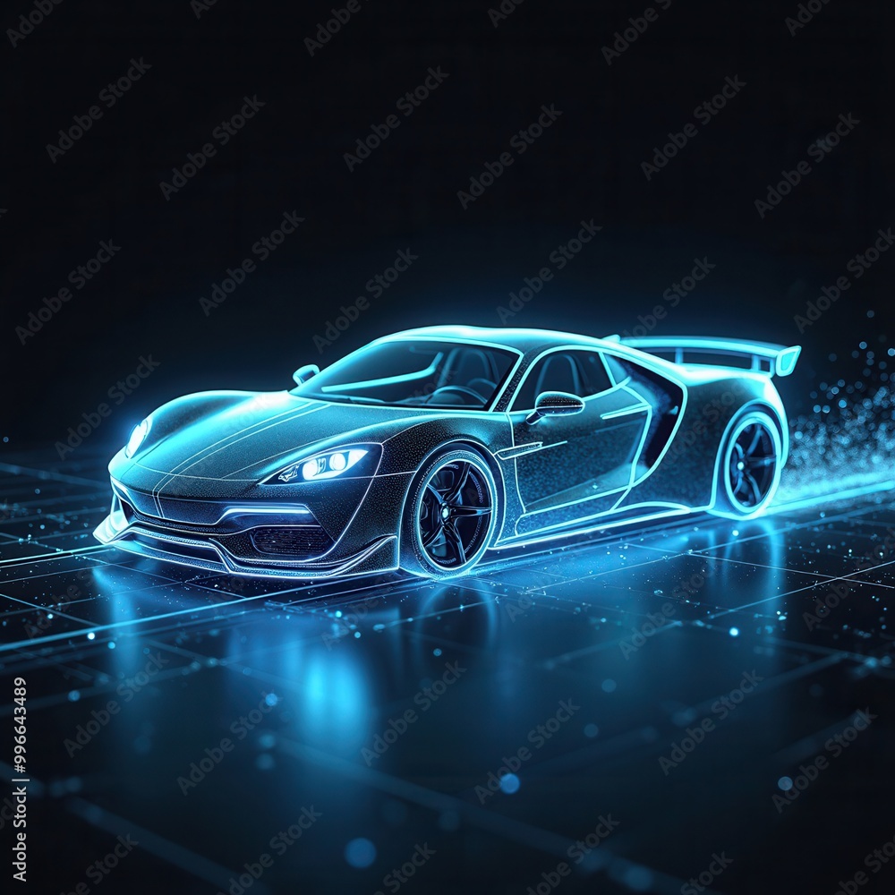 This image features a futuristic neon electric sports car glowing vibrantly in the dark, highlighting its sleek, aerodynamic design and cutting-edge technology on a digital grid backdrop. This image features a futuristic neon electric sports car glowing vibrantly in the dark, highlighting its sleek, aerodynamic design and cutting-edge technology on a digital grid backdrop.